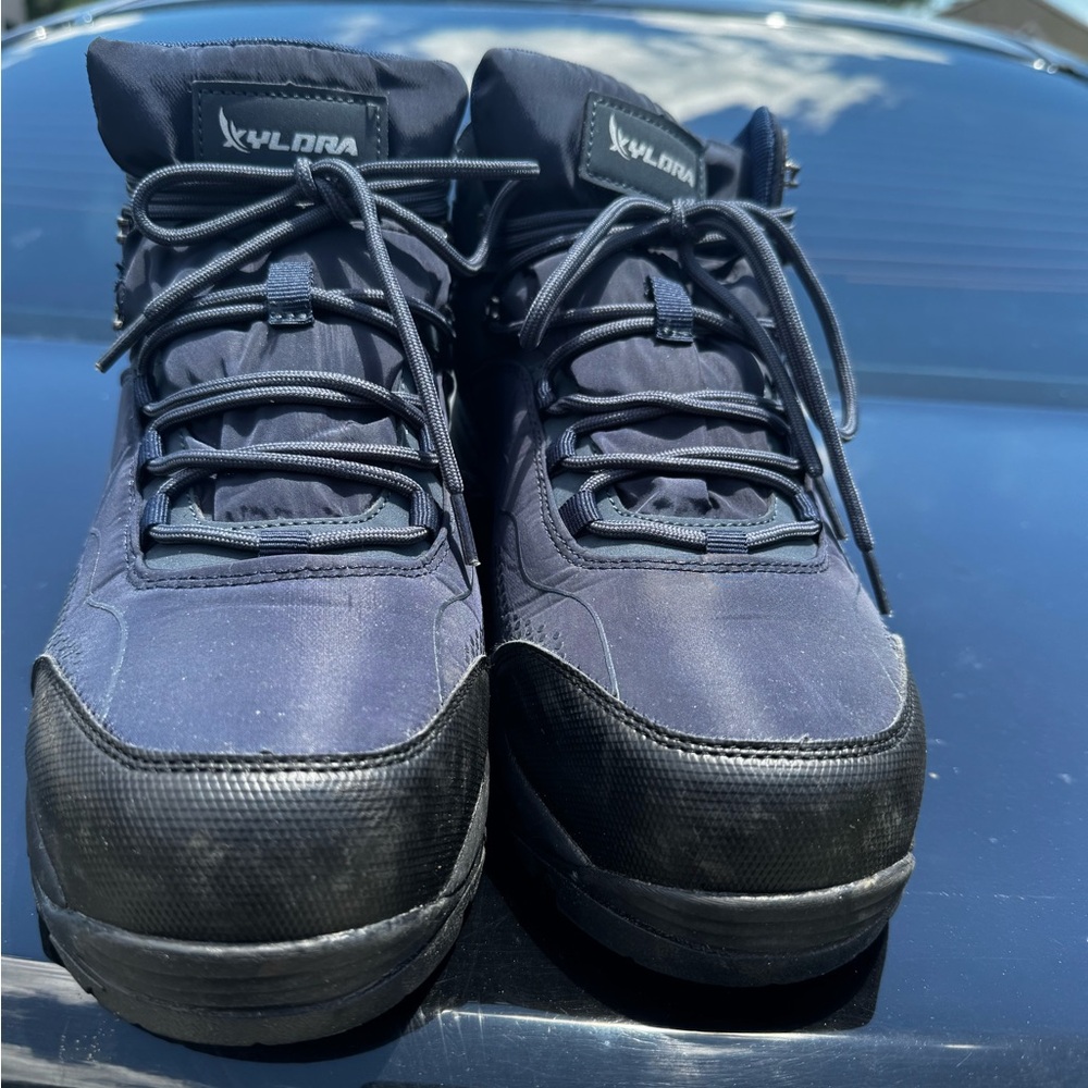 Black and Blue Mid-Top Hiking Boots with Lace-Up Design and waterproof